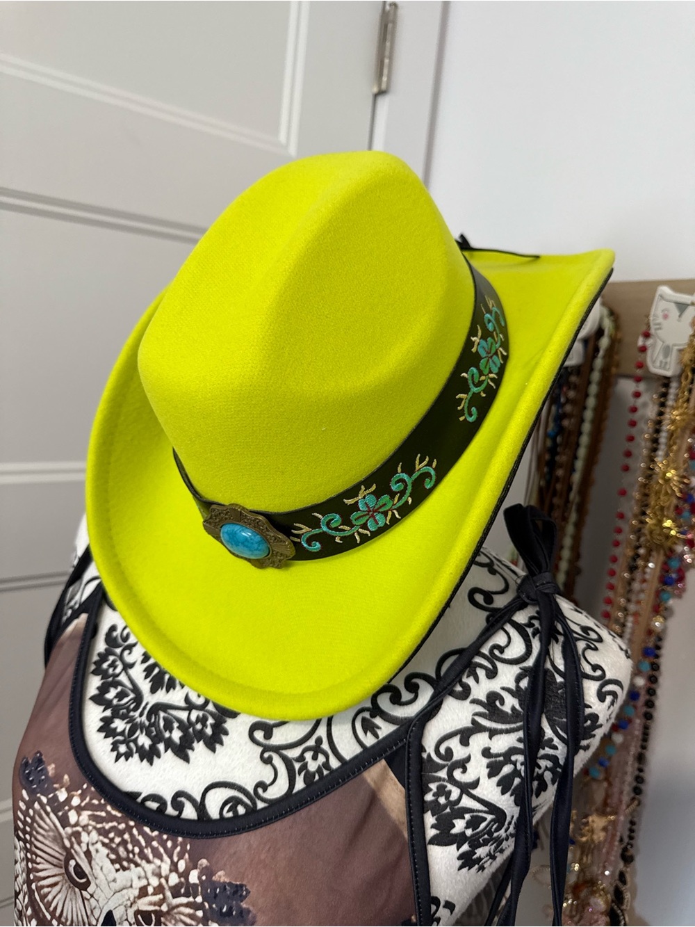 Neon Yellow Western Felt Hat with Turquoise Concho